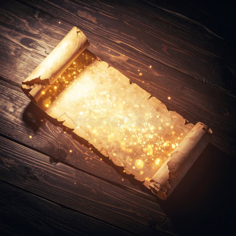 Aged Scroll Paper with Golden Light on Rustic Brown Wooden Table Background stock illustration