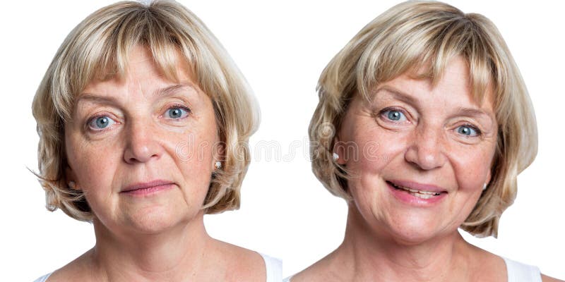 An aged woman with a serious and smiling face close-up. Pretty blonde lady. Isolated on white background. Set, collage. Panorama