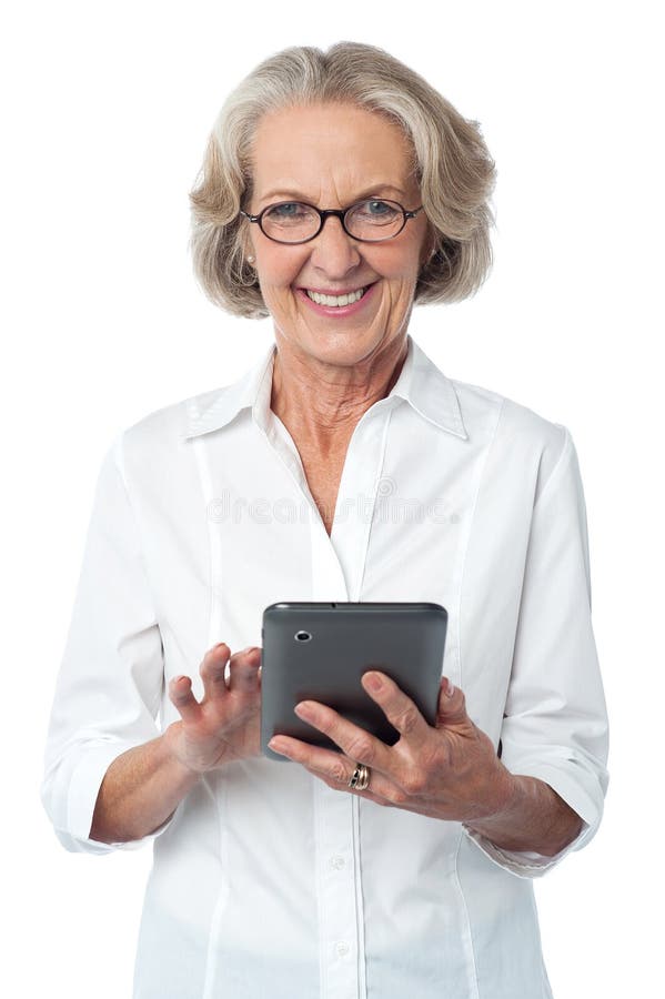 Aged Woman Using Touch Pad Device Stock Photo Image of fashion