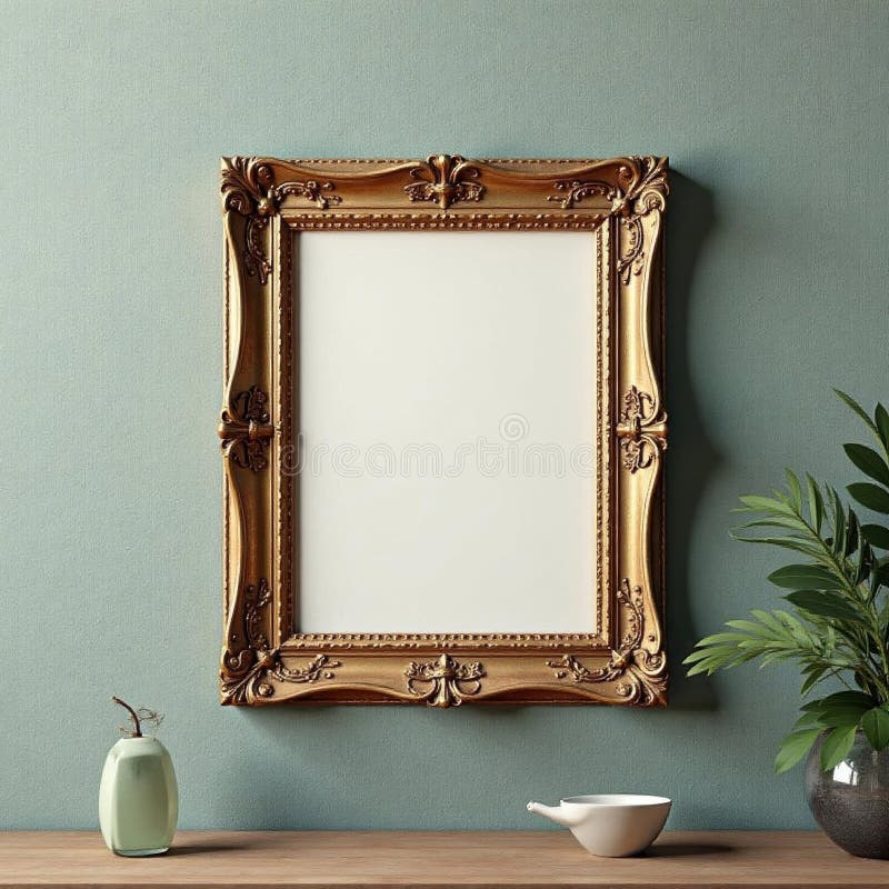 Aged wooden frame, gallery wall, vintage art display, antique, home decor, still life stock illustration