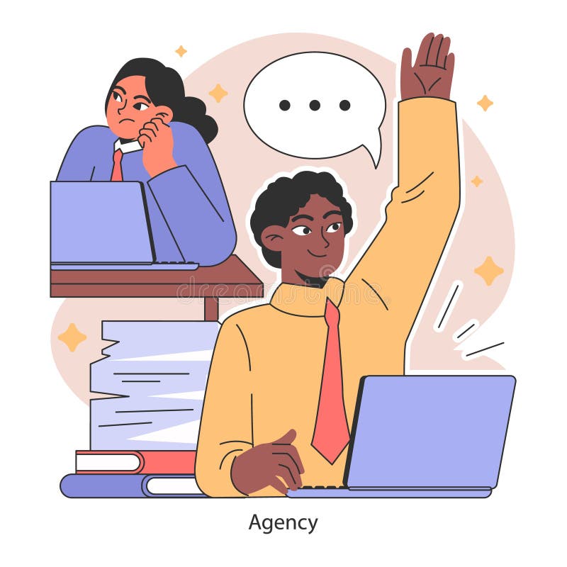 Agency concept. Proactive employee raises hand with solution. Active stock illustration