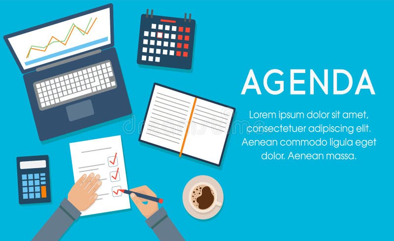 Agenda concept. Businessman at desktop writing agenda. Template, banner for web and print. Vector illustration, flat