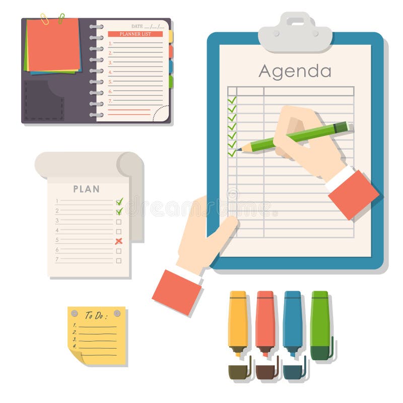 Agenda list vector business paper clipboard in flat style self-adhesive checklist notes schedule calendar planner royalty free illustration