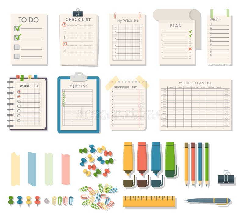 Agenda list vector business paper clipboard in flat style self-adhesive checklist notes schedule calendar planner vector illustration