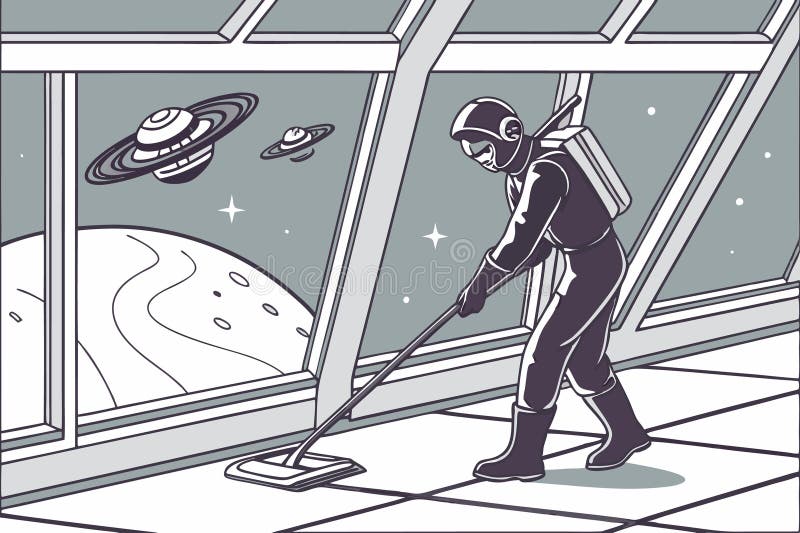 Agent de nettoyage dans une station spatiale high-tech avec vue cosmique illustration stock