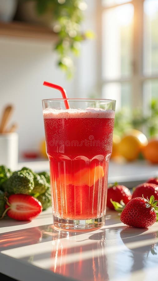 Aggiornamento del succo di fragole in cucina illuminata da sole con fragole fresche fotografia stock