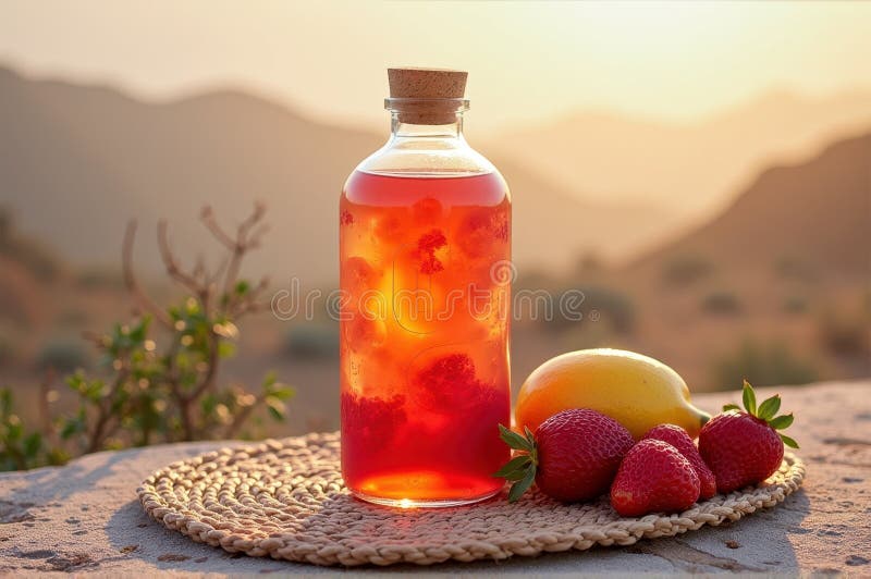 Aggiornamento dell'infusione di fragole di limone su wicker con vista in montagna fotografia stock libera da diritti