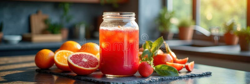 Aggiornamento di agrumi e succhi di fragole in cucina illuminata dal sole immagini stock libere da diritti