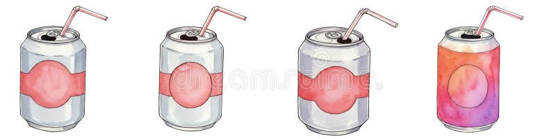 Aggiornamento di Soda Illustration Watercolor illustrazione di quattro lattine di soda con cannucce simboleggianti il rinfresco es illustrazione di stock