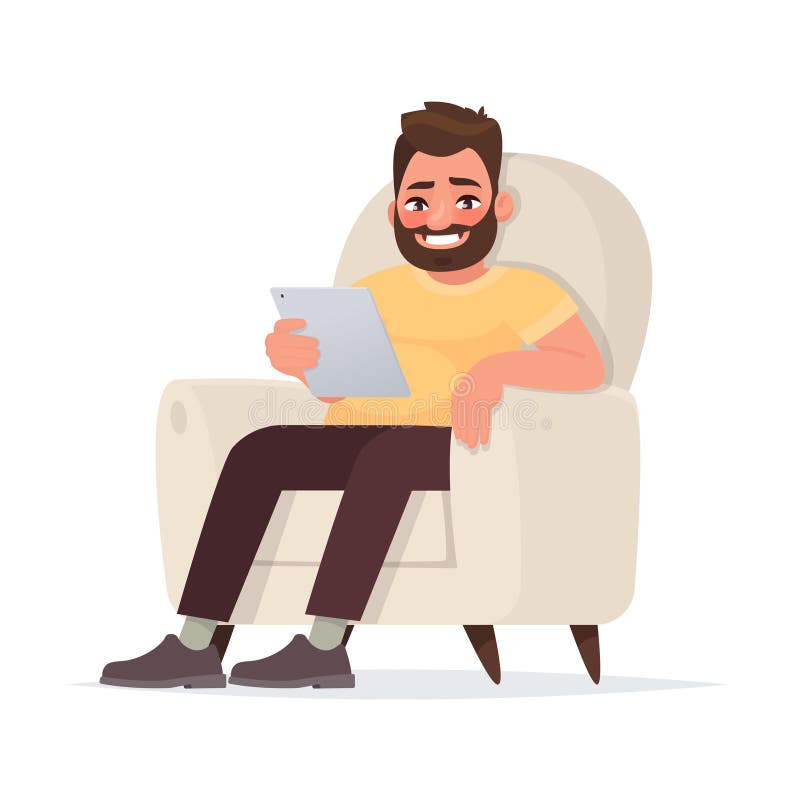 Aggiunta del Internet Una perdita di tempo sulle reti sociali Un uomo tiene una compressa che si siede sullo strato royalty illustrazione gratis Aggiunta del Internet Una perdita di tempo sulle reti sociali Un uomo tiene una compressa che si siede sullo strato royalty illustrazione gratis