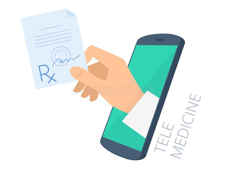 Aggiusti il rx della tenuta della mano del ` s tramite lo schermo del telefono che dà il prescri illustrazione di stock Aggiusti il rx della tenuta della mano del ` s tramite lo schermo del telefono che dà il prescri illustrazione di stock