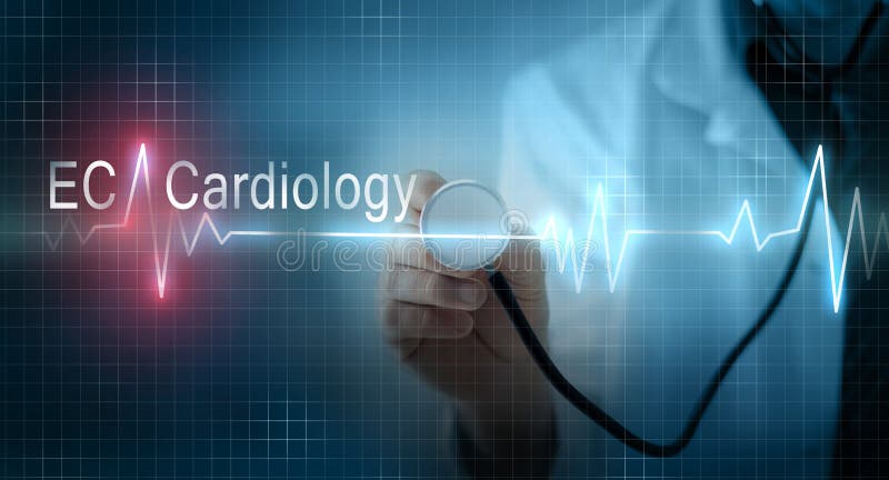 Aggiusti lo stetoscopio della tenuta sull'elettrocardiogramma virtuale gr di elettrocardiogramma immagine stock libera da diritti Aggiusti lo stetoscopio della tenuta sull'elettrocardiogramma virtuale gr di elettrocardiogramma immagine stock libera da diritti