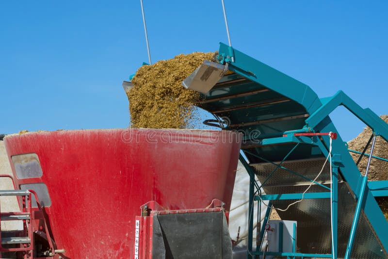 Aggregatet för extraktionen av ensilage från gropen laddar liten-snittet mat royaltyfri bild Aggregatet för extraktionen av ensilage från gropen laddar liten-snittet mat royaltyfri bild