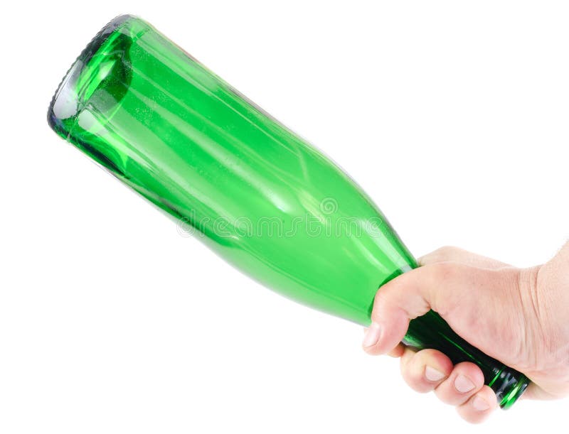 Aggression.Arm hold green bottle. Isolated on the white background