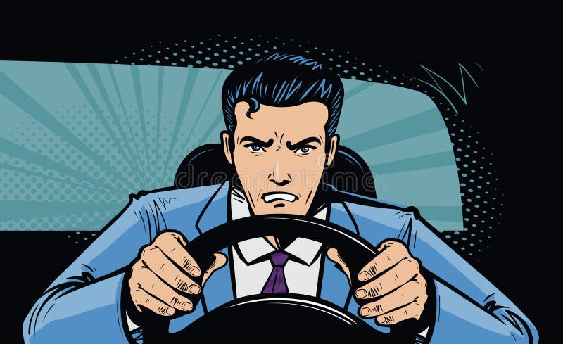 Aggressiv chaufför bak hjulet av bilen Springa jakten i retro komisk stil för popkonst den främmande tecknad filmkatten flyr illu vektor illustrationer Aggressiv chaufför bak hjulet av bilen Springa jakten i retro komisk stil för popkonst den främmande tecknad filmkatten flyr illu vektor illustrationer