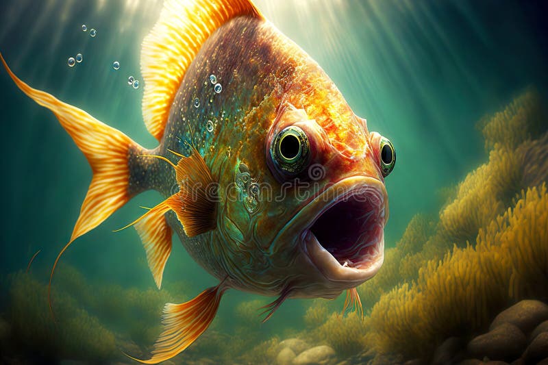 Aggressive piranhas with golden scales in sunlit water, created with generative ai