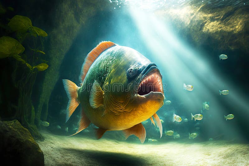 Aggressive piranhas with golden scales in sunlit water, created with generative ai