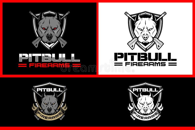 Aggressive pitbull with rifle and shield vector badge logo template vector illustration