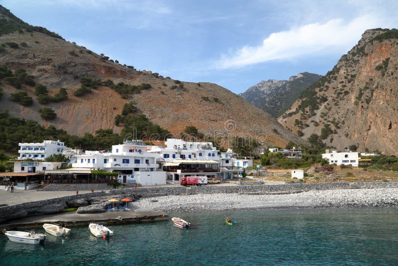 AGIA ROUMELI, CRETE - MAY 24, 2014: The entrance or exit point to the Samaria Gorge hike stock image AGIA ROUMELI, CRETE - MAY 24, 2014: The entrance or exit point to the Samaria Gorge hike stock image