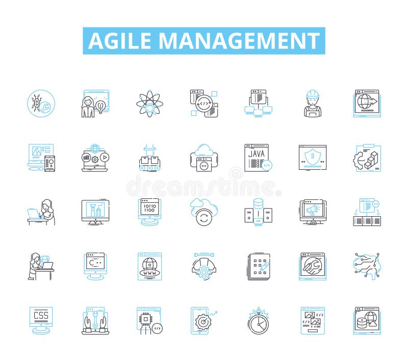 Agile management linear icons set. Iterative, Collaboration, Flexibility, Scrum, Lean, Kanban, Sprint line vector and royalty free illustration