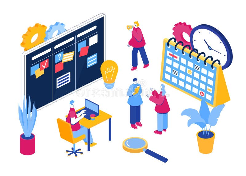 Agile project management process. Communication, teamwork, business process. stock illustration