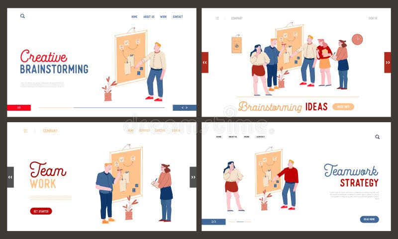 Agile Software Development, Creative Team Brainstorm Website Landing Page Set. Office Employees Stand at Whiteboard royalty free illustration