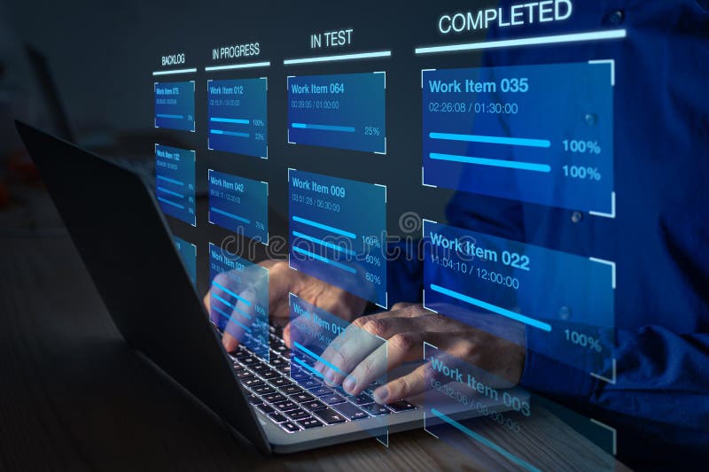 Agile software development with developer using Kanban board framework methodology on computer. Devops team, project management stock image