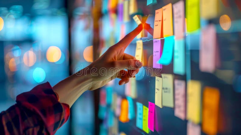 Agile software development scrum methodology boards. workflow, Finger touching virtual interface. AI generative stock illustration