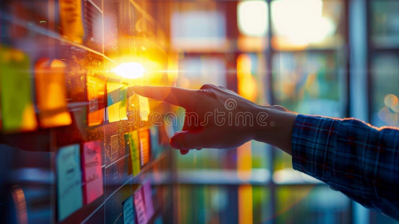 Agile software development scrum methodology boards. workflow, Finger touching virtual interface. AI generative. royalty free illustration