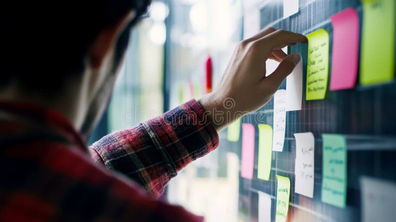 Agile software development scrum methodology boards. workflow, Finger touching virtual interface. AI generative royalty free illustration