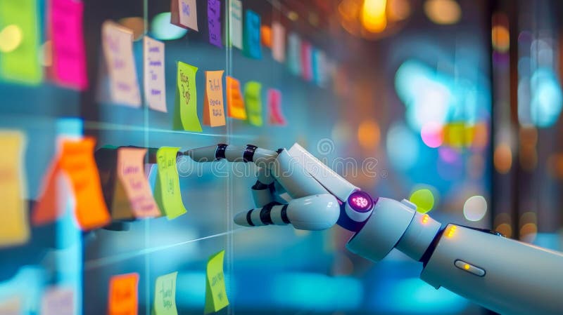 Agile software development scrum methodology boards. workflow, robot Finger touching virtual interface. AI generative stock photo