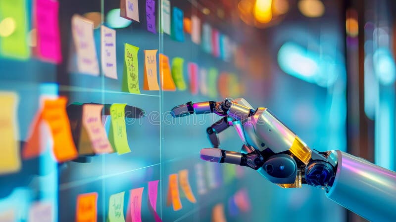 Agile software development scrum methodology boards. workflow, robot Finger touching virtual interface. AI generative. AI generated