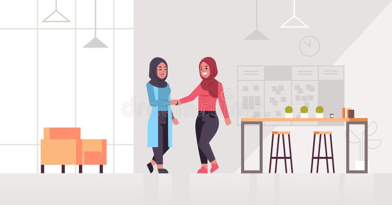 Agitação árabe da mão dos pares dos sócios comerciais do aperto de mão árabe das mulheres de negócios durante o encontro do conce ilustração royalty free Agitação árabe da mão dos pares dos sócios comerciais do aperto de mão árabe das mulheres de negócios durante o encontro do conce ilustração royalty free