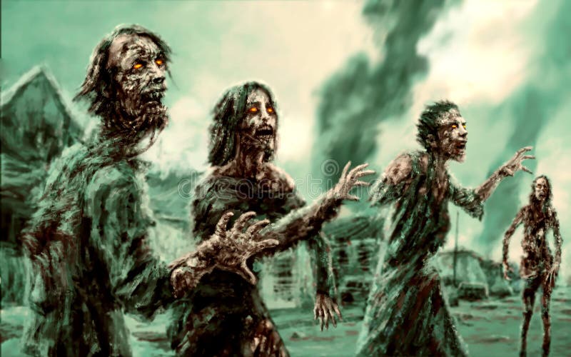 Aglomere zombis de passeio contra o contexto de cidade ardente ilustração royalty free Aglomere zombis de passeio contra o contexto de cidade ardente ilustração royalty free