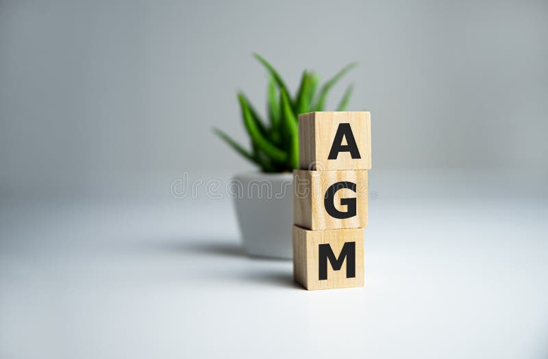 AGM Annual general meeting acronym on wooden cubes on dark wooden backround. Business concept. AGM Annual general meeting acronym on wooden cubes on dark wooden backround. Business concept