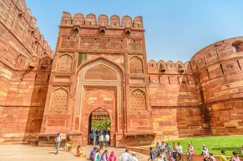 Agra Fort, Agra, Uttar Pradesh. Agra, India- March 9, 2015: Tourist going inside the Agra Fort, Agra, Uttar Pradesh, India stock photo Agra Fort, Agra, Uttar Pradesh. Agra, India- March 9, 2015: Tourist going inside the Agra Fort, Agra, Uttar Pradesh, India stock photo
