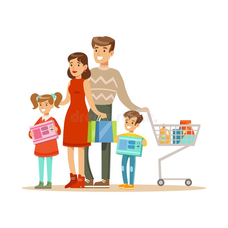 Agregado familiar com quatro membros Ilustração colorida do vetor com os povos felizes no supermercado ilustração royalty free Agregado familiar com quatro membros Ilustração colorida do vetor com os povos felizes no supermercado ilustração royalty free