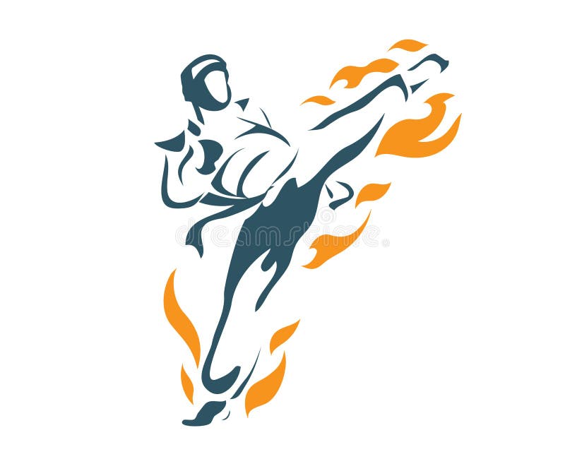Agressief Dodelijk Vliegend Front Kick Flame Taekwondo Athlete in Actieembleem vector illustratie Agressief Dodelijk Vliegend Front Kick Flame Taekwondo Athlete in Actieembleem vector illustratie