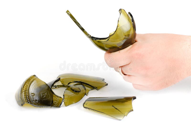 Agression.Arm hold shattered green bottle isolated on the white background