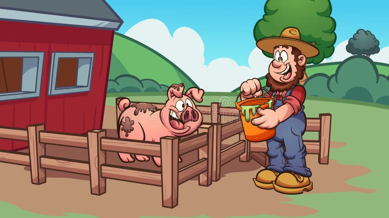 Agricoltore del fumetto che alimenta un maiale felice illustrazione vettoriale