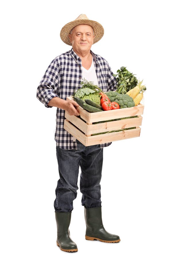 Agricoltore maturo con una cassa piena delle verdure