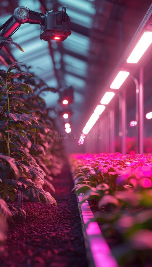 Agricoltura avanzata in ambienti interni con automazione robotica e illuminazione diretta in una moderna serra fotografia stock libera da diritti