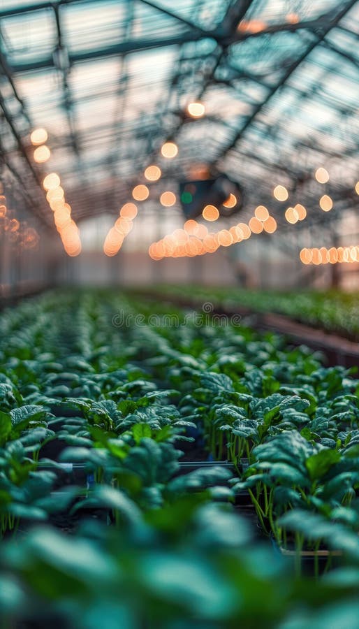 Agricoltura avanzata in ambienti interni con automazione robotica e illuminazione diretta in una moderna serra fotografia stock