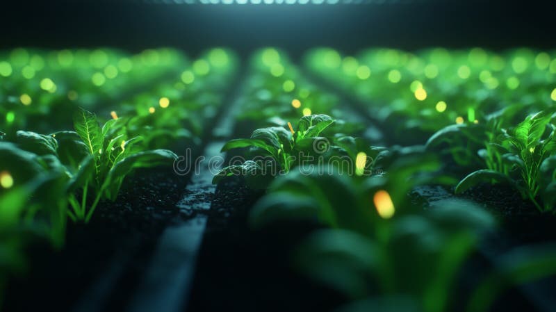 Agricoltura innovativa in ambienti chiusi con piante verdi vibranti che crescono sotto luci artificiali in un ambiente controllato immagine stock