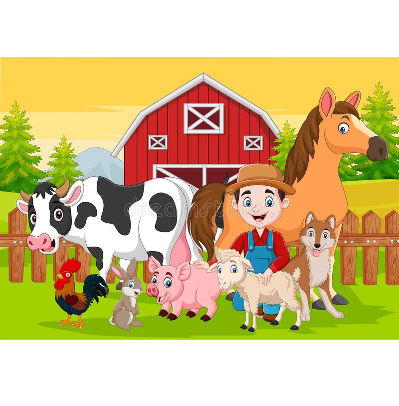 Illustration of Cartoon farmer and farm animals in the barnyard. Illustration of Cartoon farmer and farm animals in the barnyard