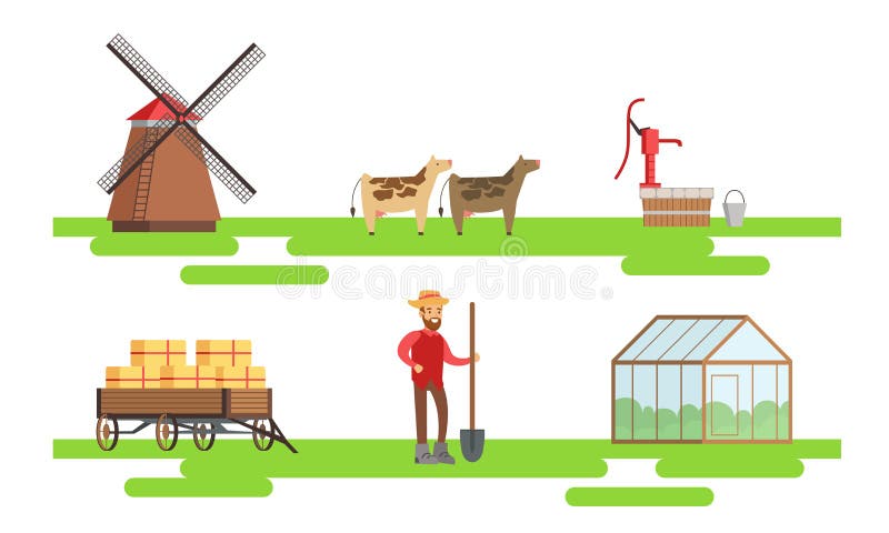 Agricultor masculino trabajando en un conjunto de granjas, elementos de granjas ecológicas, animales, invernadero, ilustración d libre illustration