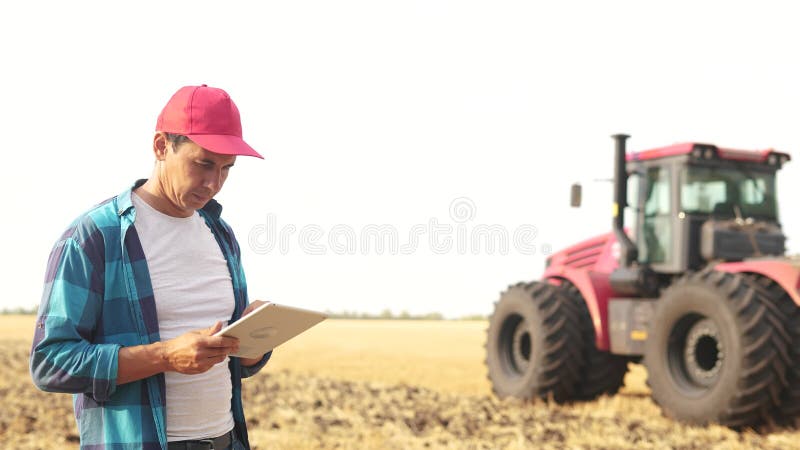 Agricultor num campo de trigo. conceito de empresa agrícola. um agricultor experiente caminha pelo campo de trigo com um tablet