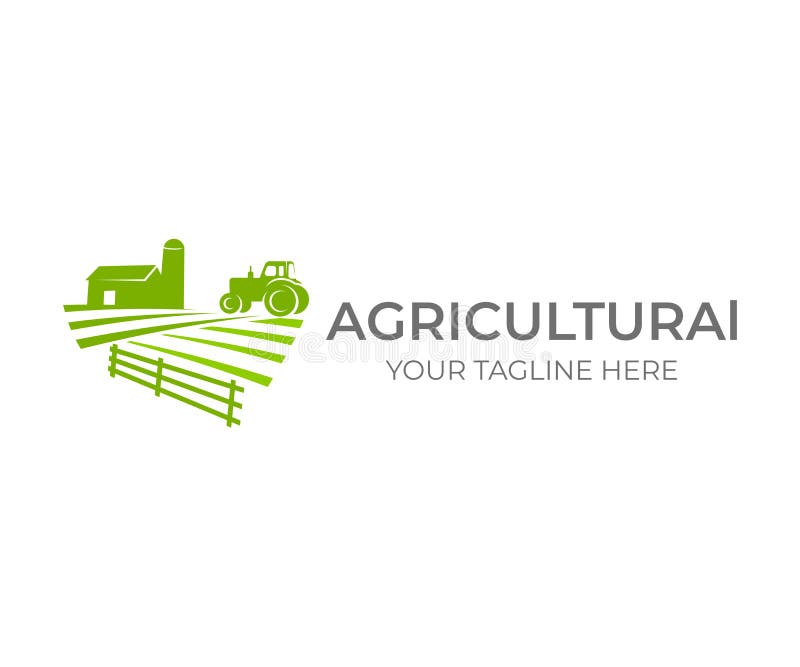 Agricultural, agriculture and farming with farm and tractor on field, logo design. Agribusiness, eco farm, barn with silo in rural