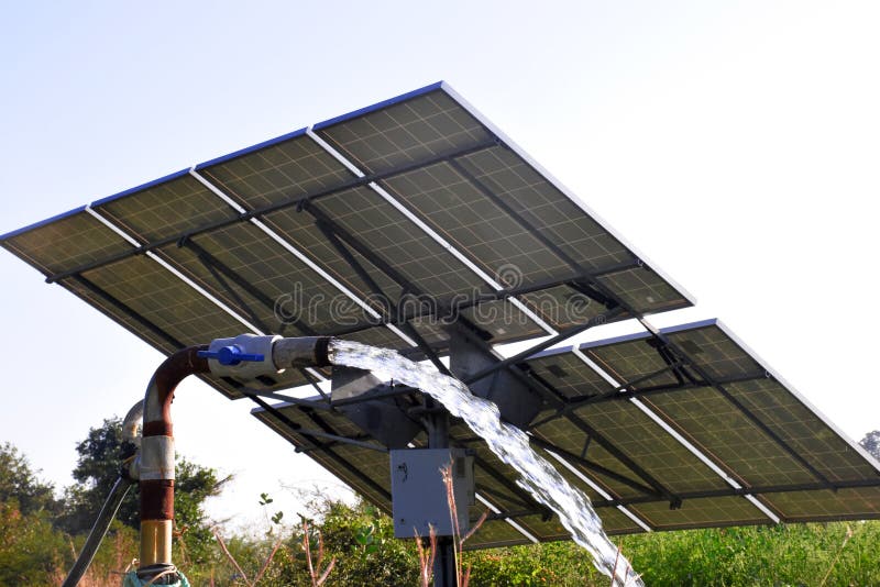 Agricultural equipment for field irrigation, water jet, behind which is solar panel`s