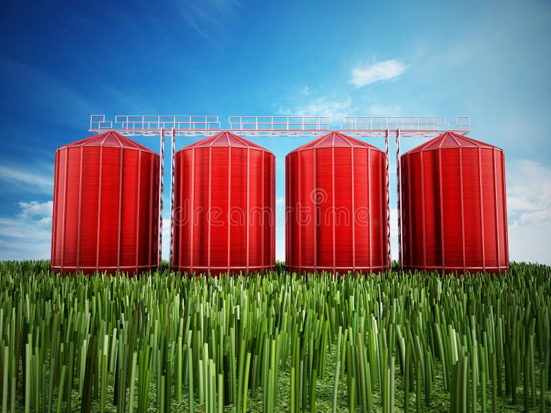 Agriculture grain silos on grass under blue sky. 3D illustration